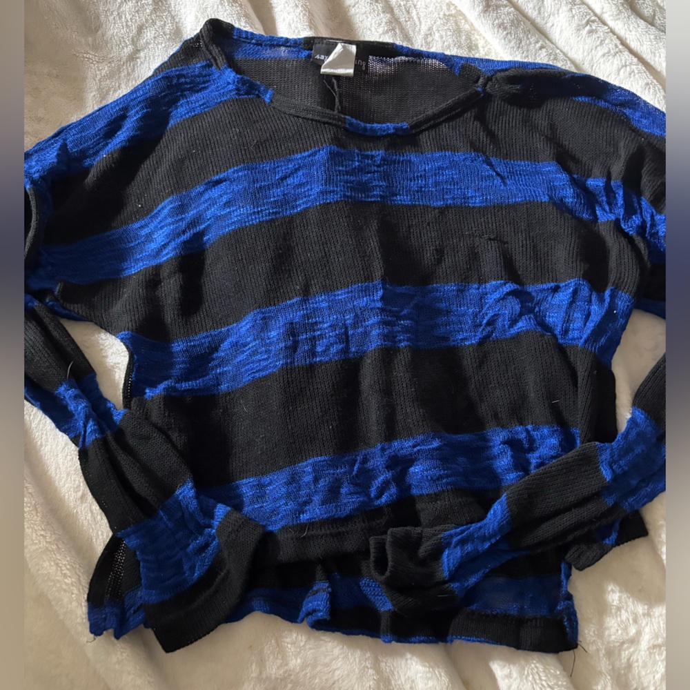 Black and Blue Crew Neck Striped Sweater